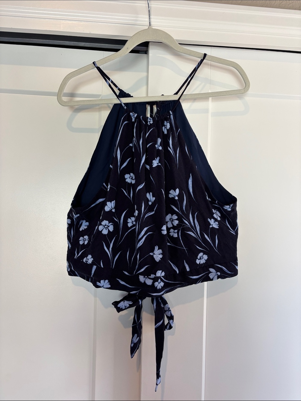 1. State Navy Halter Crop Camisole with Light Blue Floral Print
